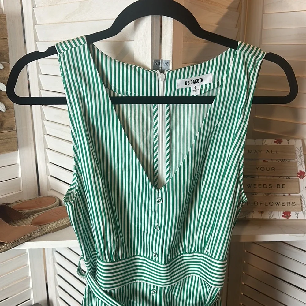 BB Dakota Green and White Striped V Neck Dress With Belt - Picture 3 of 7